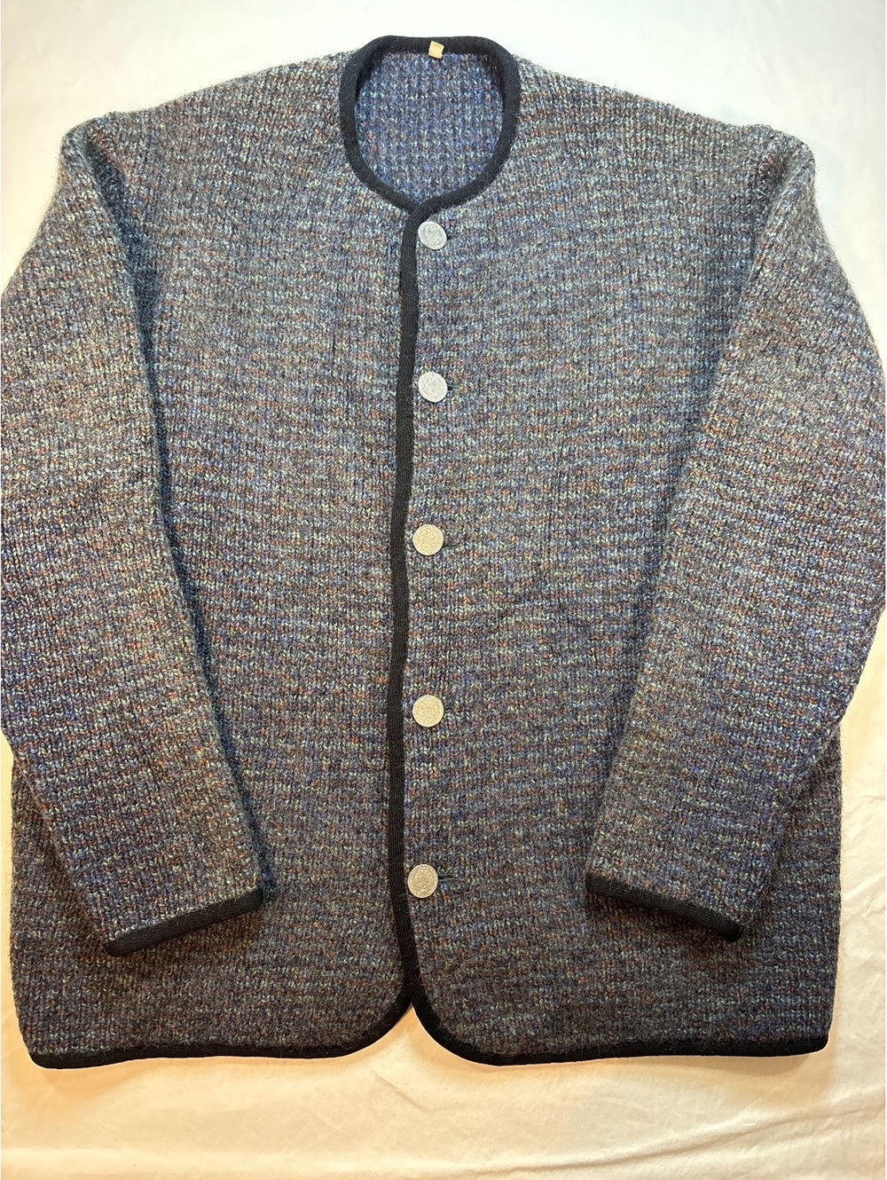Vintage 1980’s Wool Knit Cardigan Jacket Heraldic Coin Buttons Black Trim